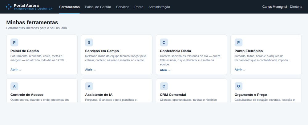 Tela inicial do portal com os cartões das ferramentas liberadas para o usuário